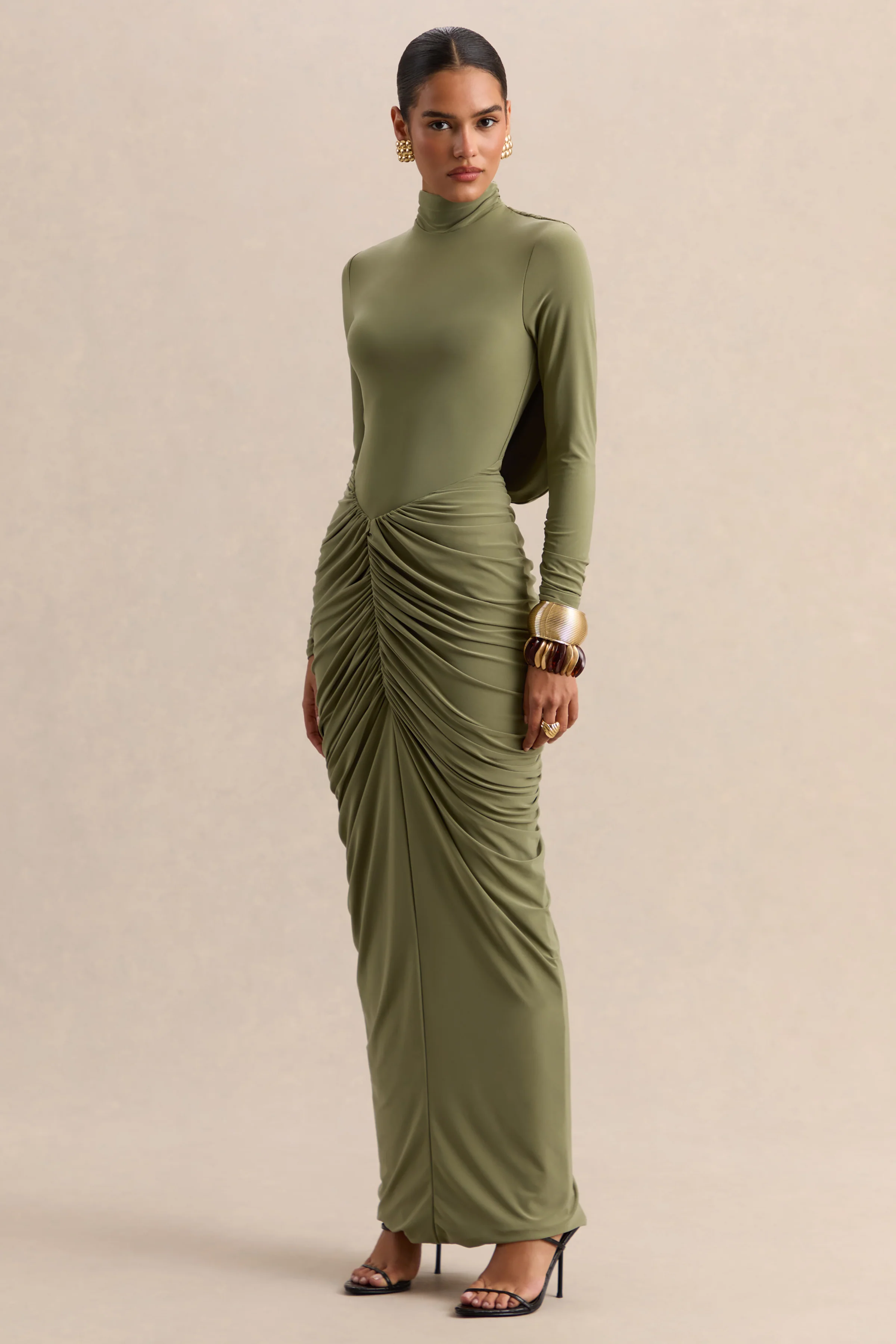 Harmona | Olive High-Neck Maxi Dress With Gathered And Draped-Detailing