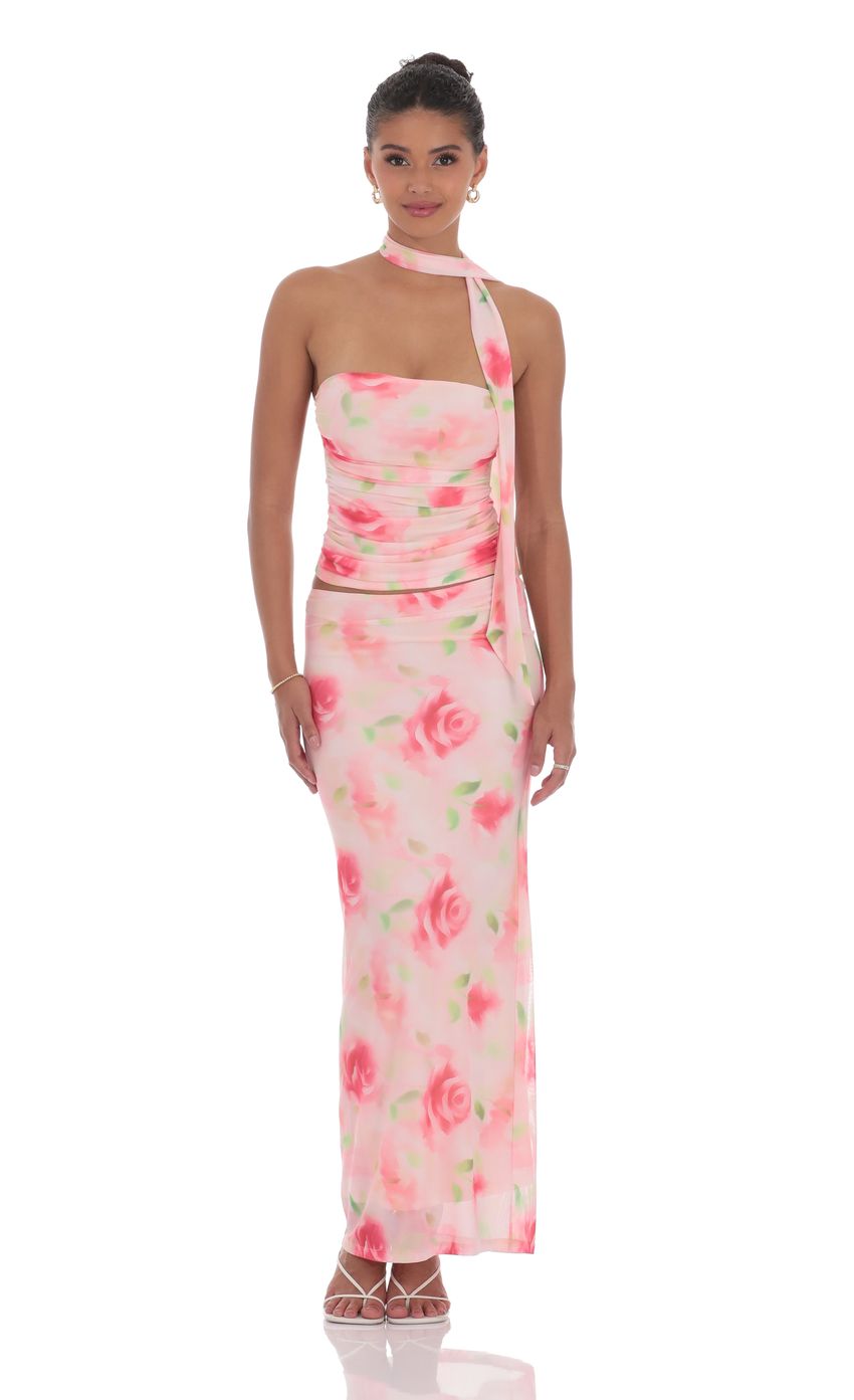 Floral Mesh Maxi Skirt in Pink