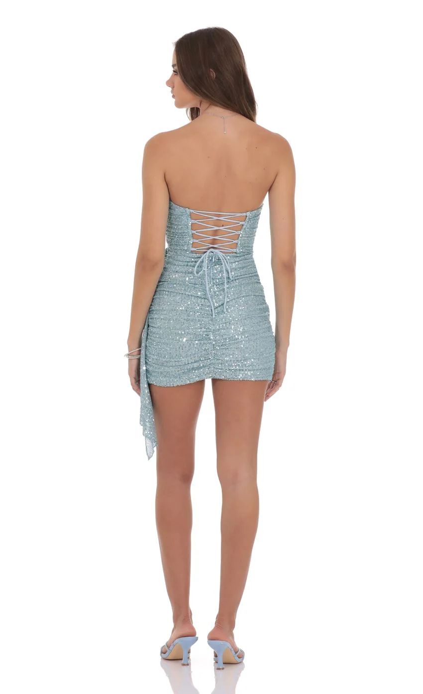 Strapless Sequin Tassel Corset Dress in Light Blue