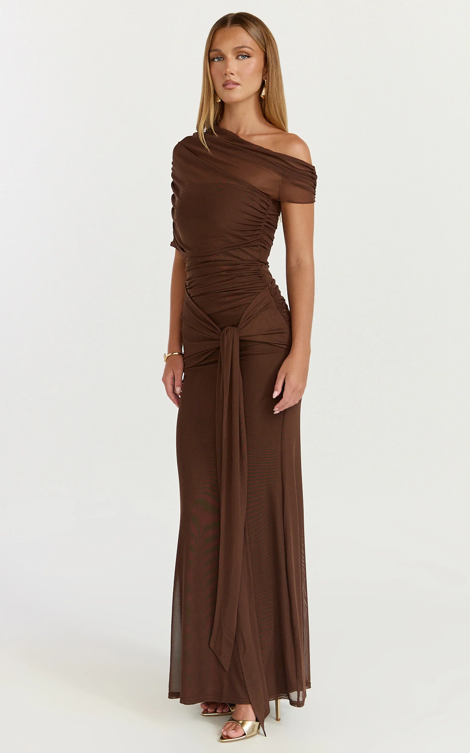 Nicolette Maxi Dress - Cape Sleeve Off Shoulder Dress in Chocolate