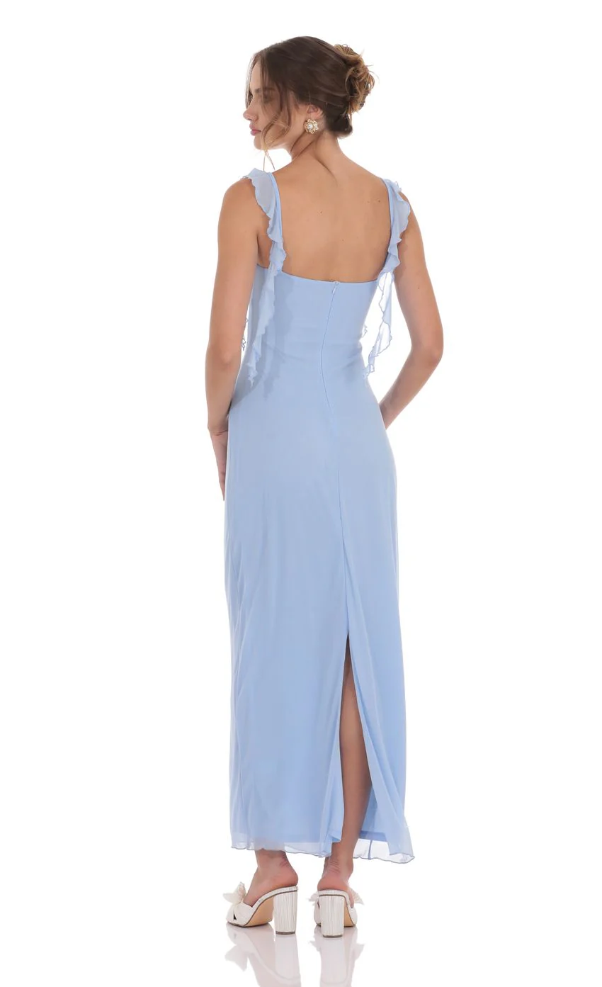 Mesh Tassel Strap Maxi Dress in Light Blue - luluinthesky
