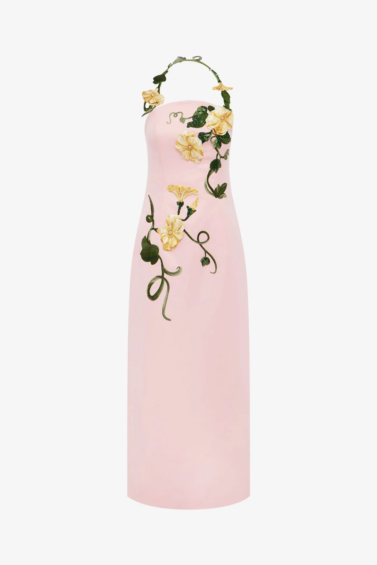Ava Halterneck Appliqué Floral Bustier Maxi Dress - Vine Print in Pink