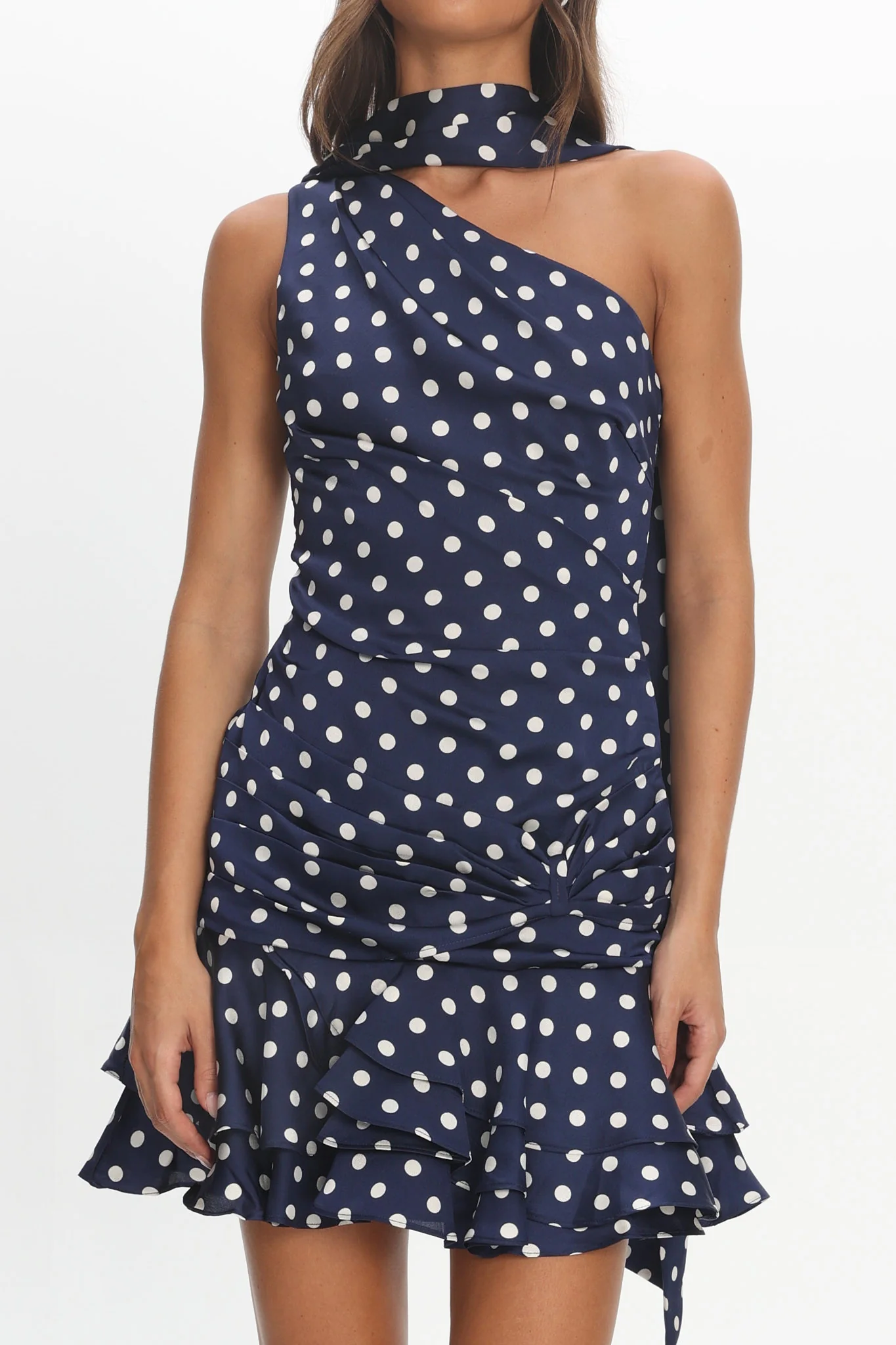 Truett One-Shoulder Sash Mini Dress Polka Dot Navy - luluinthesky