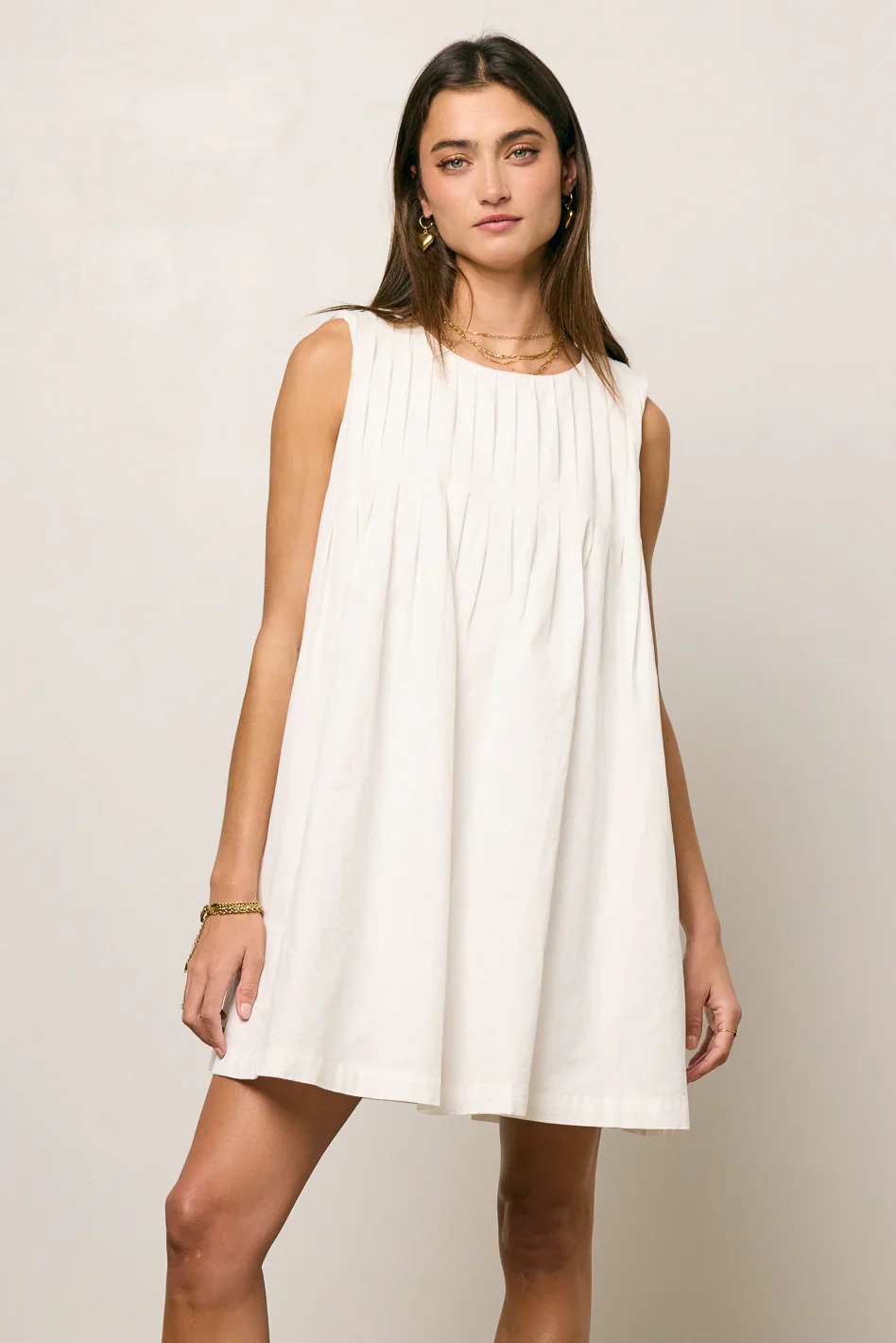 Arizona Pleated Babydoll Dress in White