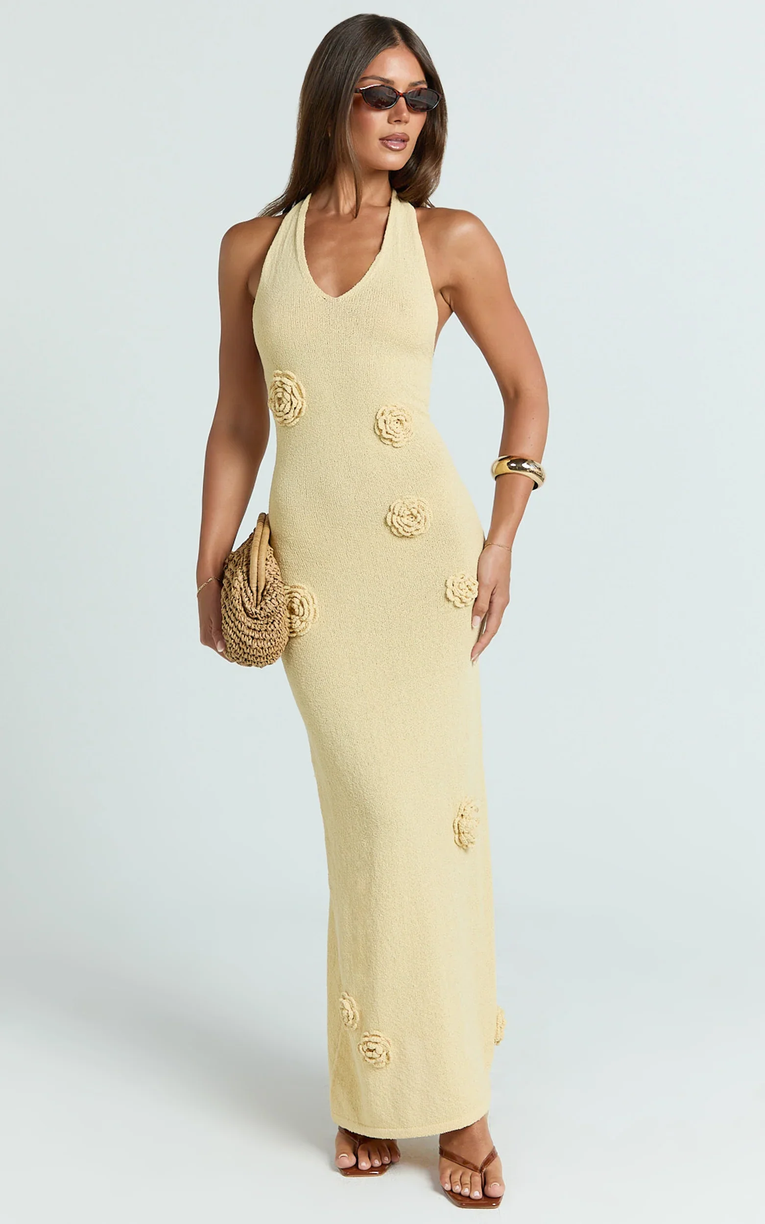 Elodie Maxi Dress - Halter 3D Floral Knit Dress in Lemon