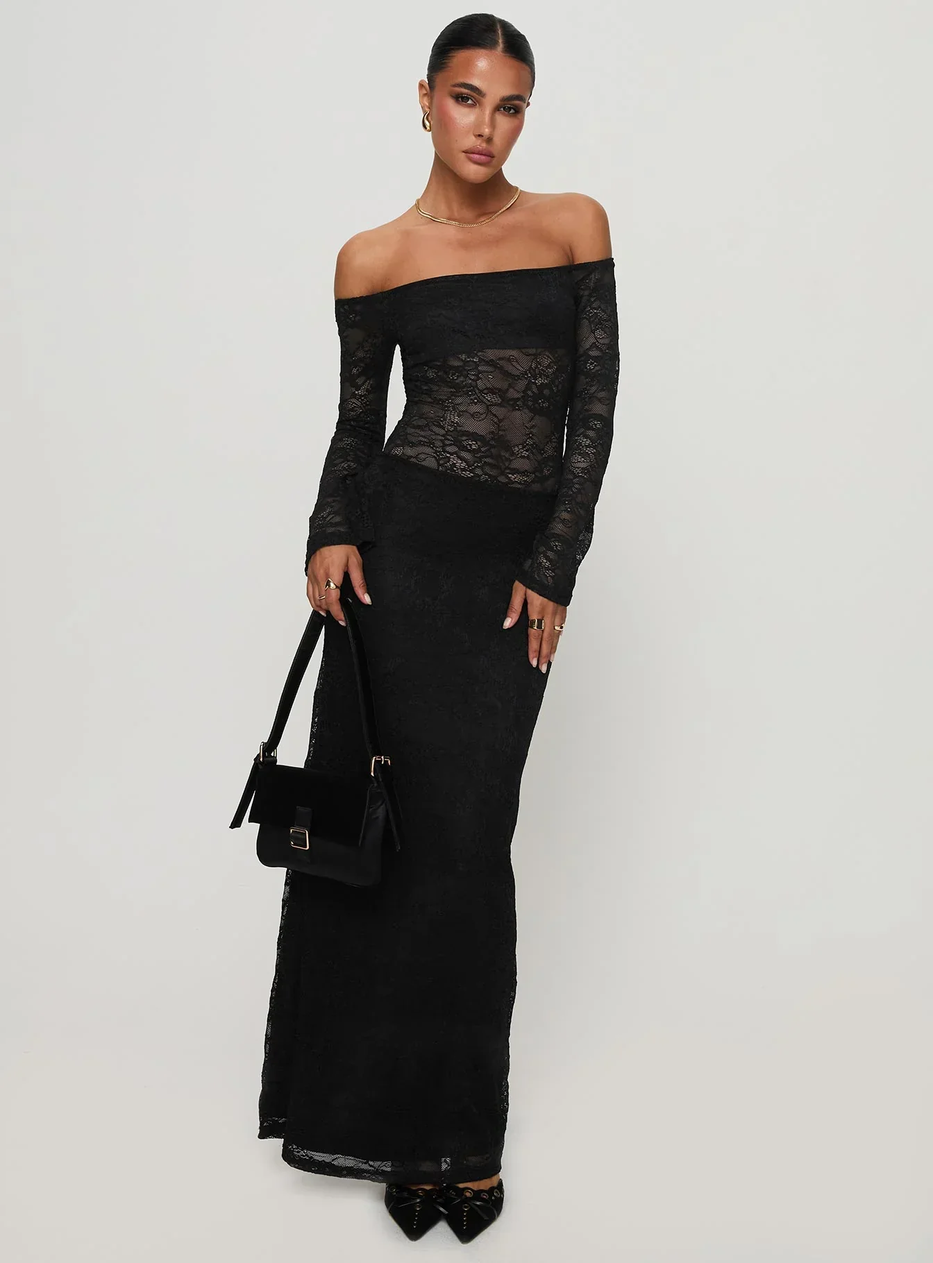 Pinot Grigio Long Sleeve Lace Maxi Dress Black - luluinthesky