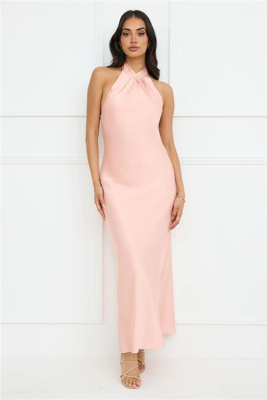 Delicate Dazzle Halter Satin Maxi Dress Peach