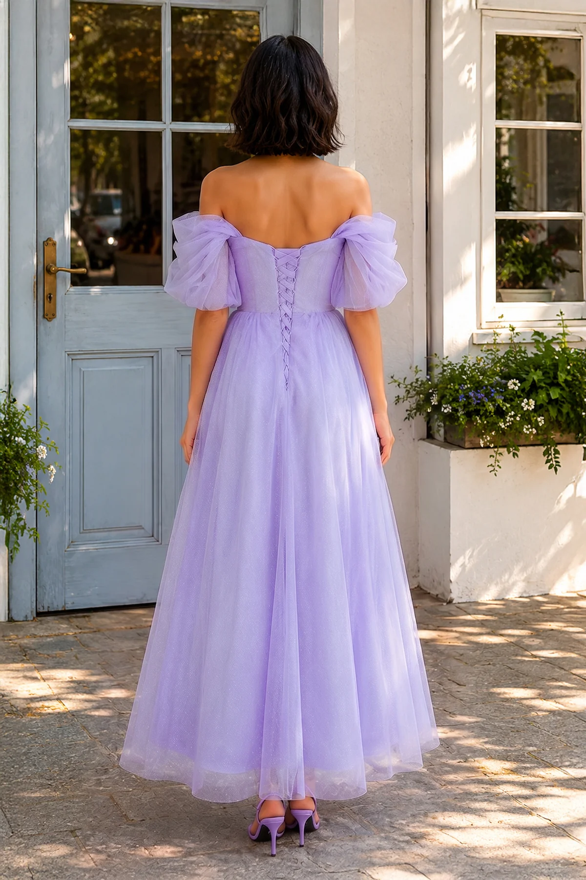 Shiny Tulle Off the Shoulder Light Blue Tea Length Prom Dress