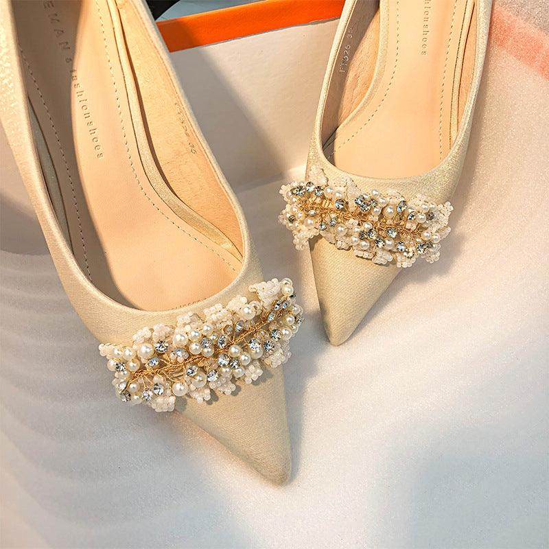 Pearl Satin Pointy Stiletto Heels 683923492274