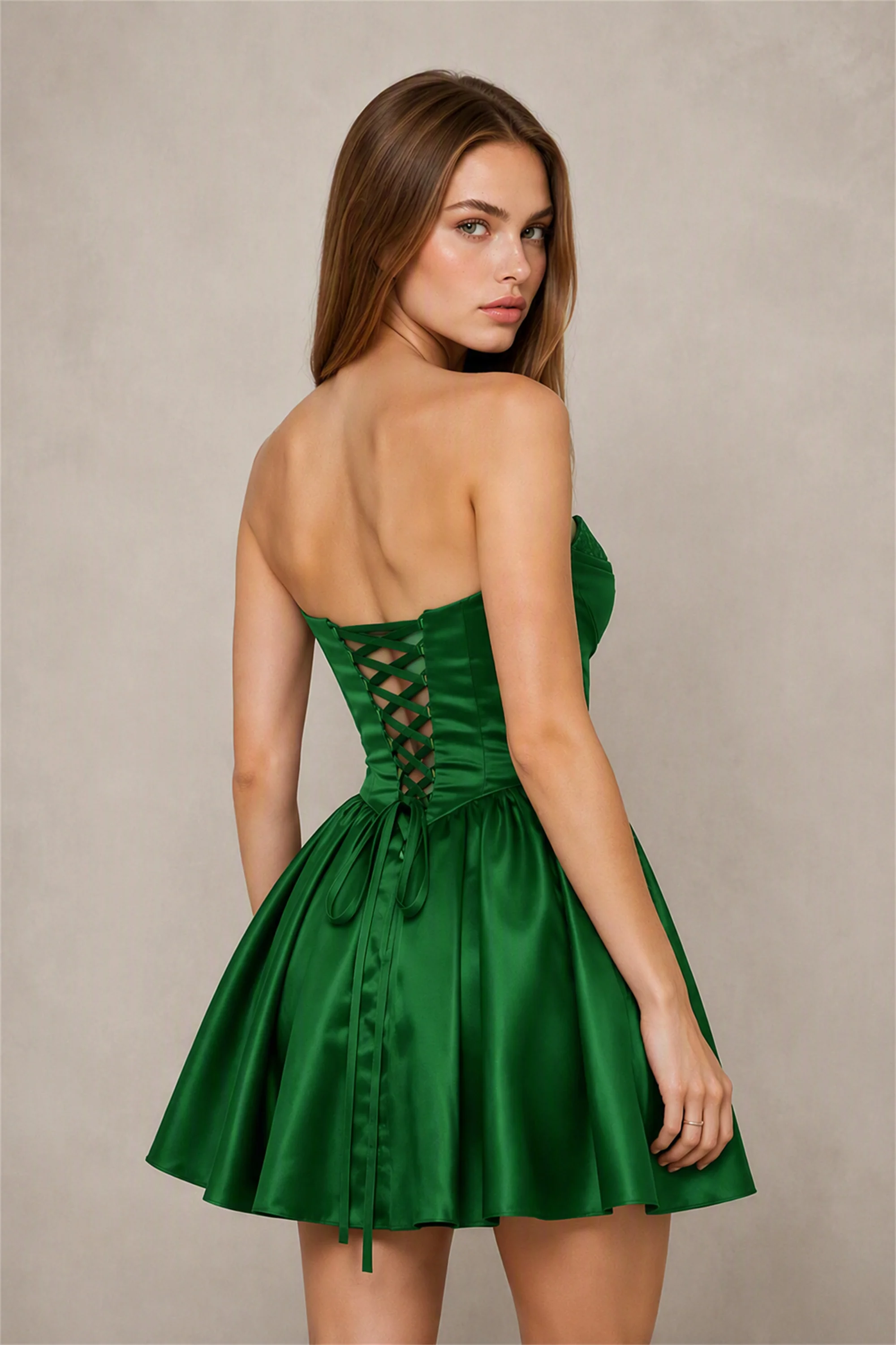 BOLODOO Emerald Green Satin Sequin Sweetheart Strapless Corset Lace-Up Back A-Line Mini Dress | Prom Cocktail Homecoming Dress