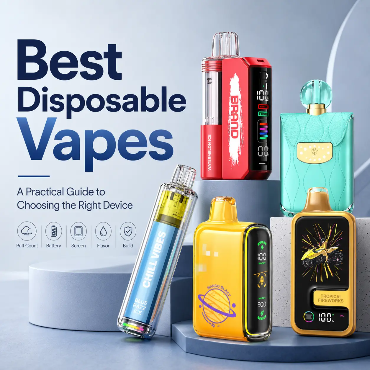 Best disposable vapes guide with colorful vape devices, screens, battery indicators, and flavor options