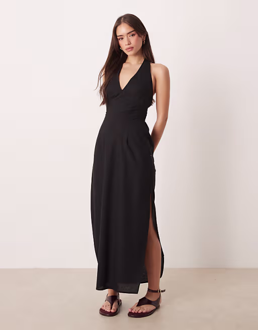 cotton linen blend halter neck midi sundress with sculpted bust in black