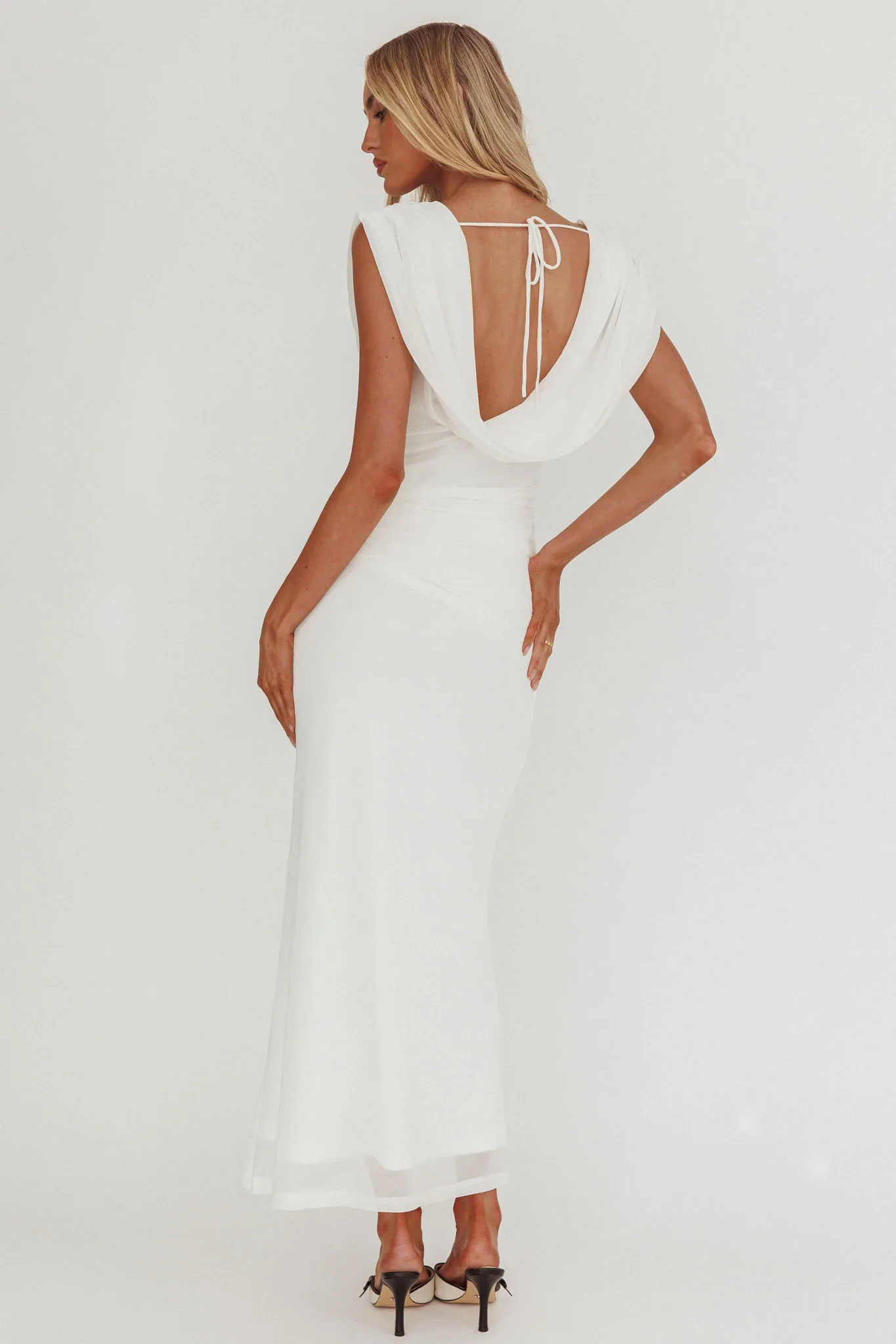 Virgo Season Draped Shoulder Maxi Dress White