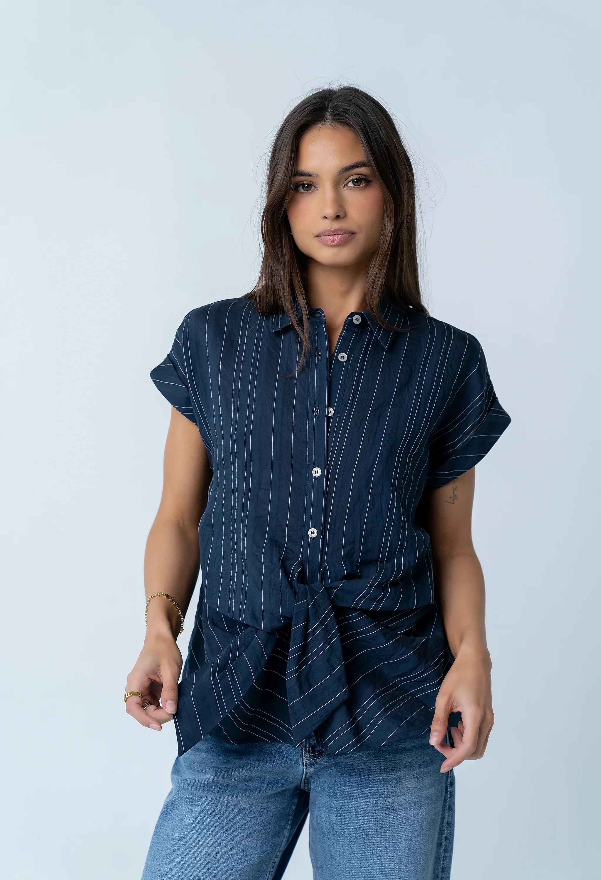 Darian Striped Button Up in Navy