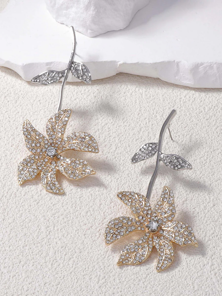 Flower Shape Rhine Stones Shiny Earrings Accessories
