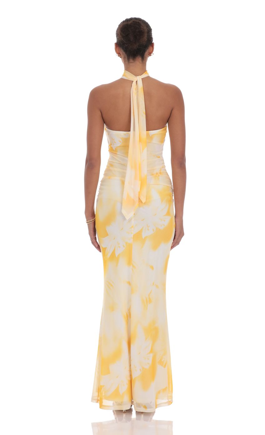 Scarf Mesh Floral Strapless Maxi Dress in Yellow