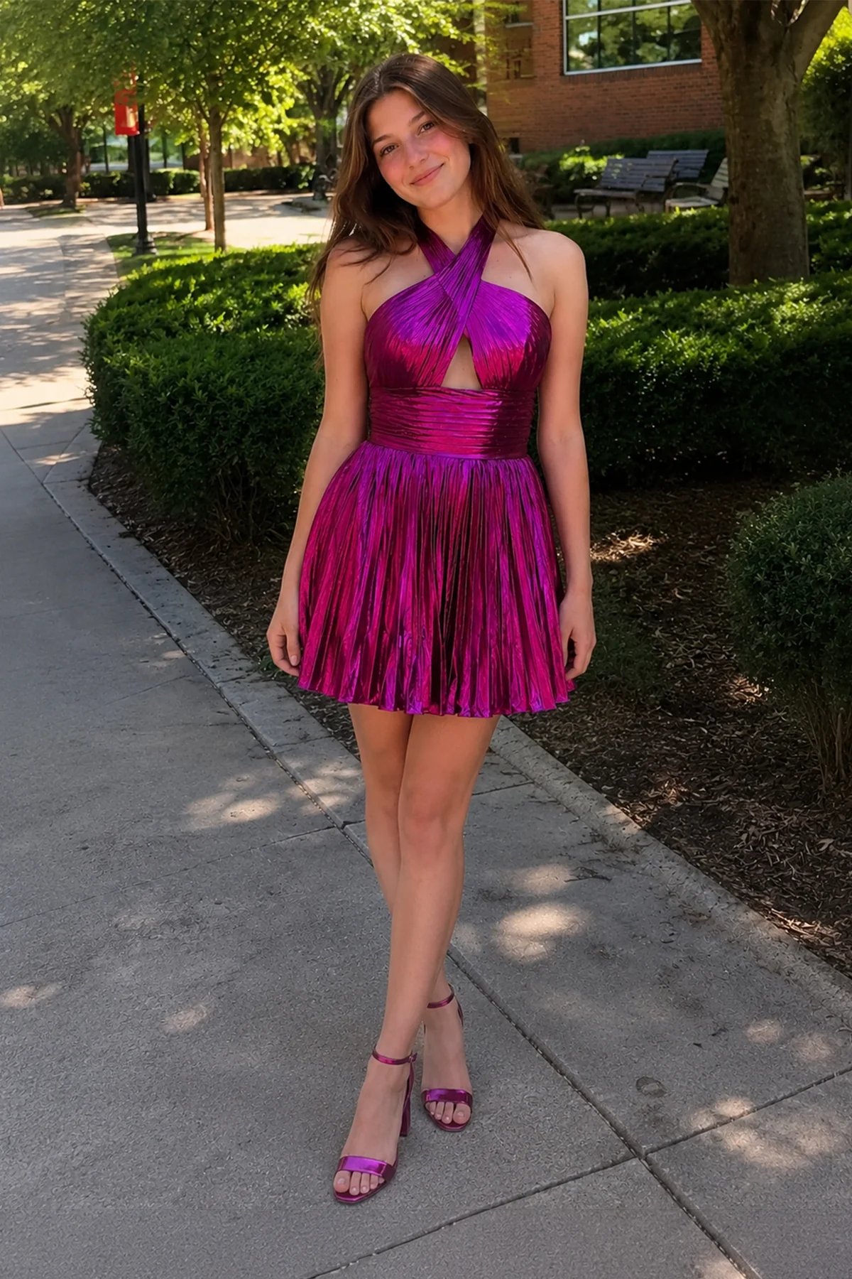 Metallic Fuchsia Halter Keyhole Pleated Short Homecoming Dress