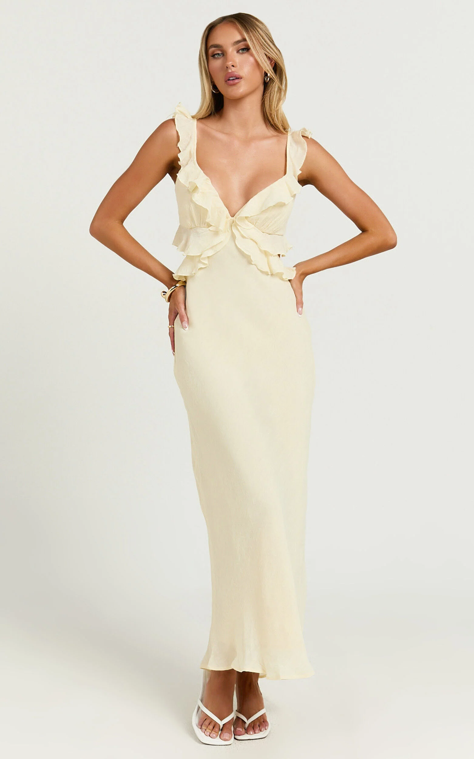 Dahlia Midi Dress - Ruffle Details Slip Dress in Lemon