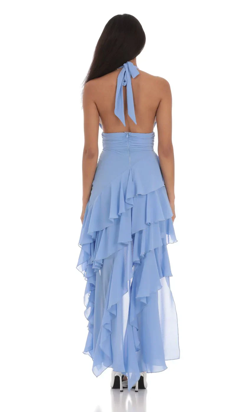 Asymmetrical Ruffle Maxi Dress in Blue