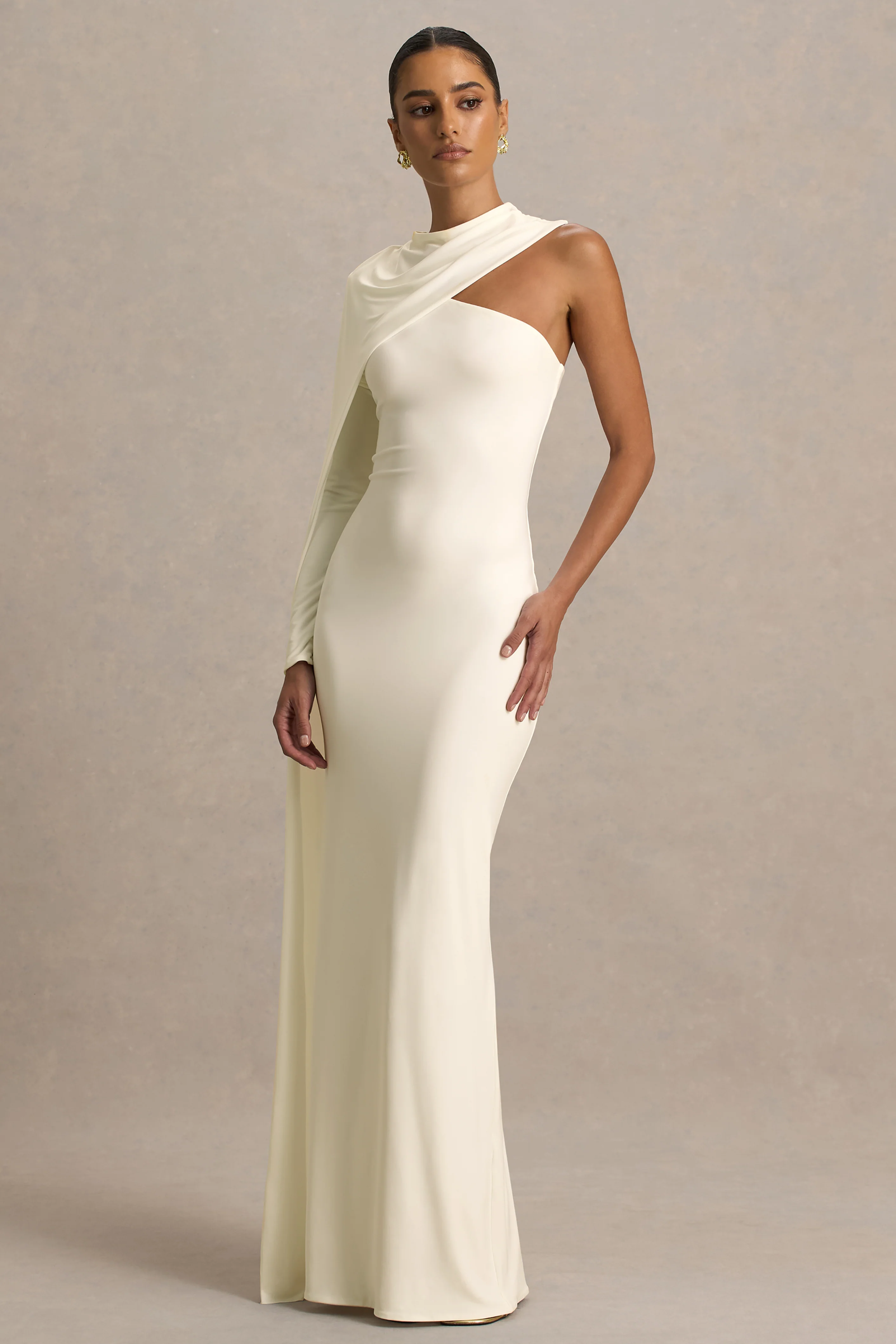 Dawn | Cream High-Neck Maxi Dress With One Long Cape-Sleeve