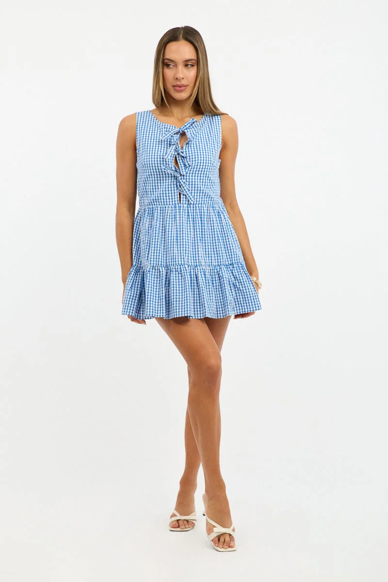 Blue Check Mini Dress Ribbon Detail