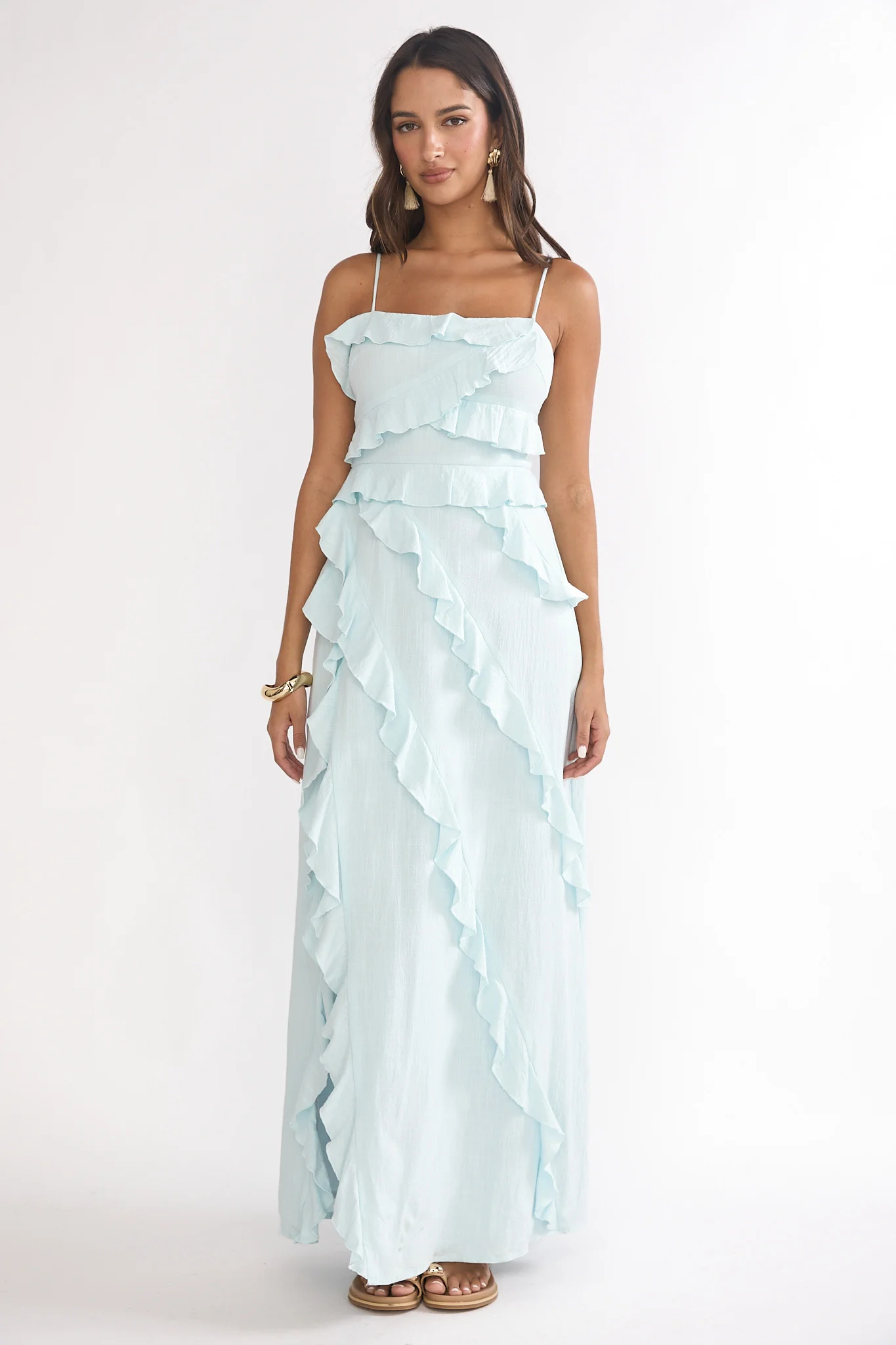 Arrabel Ruffle Split Maxi Dress Blue
