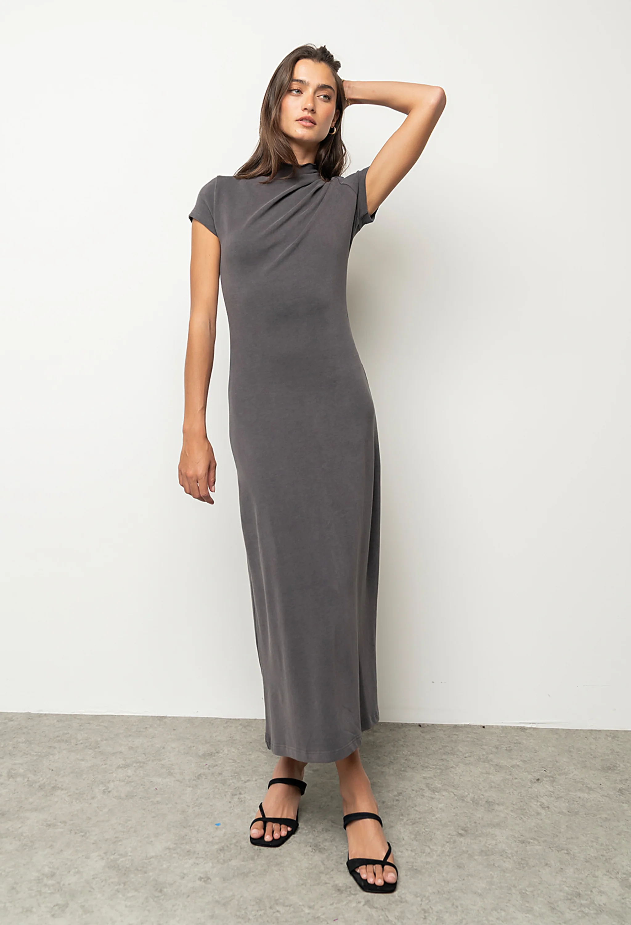 Isla Ruched Maxi Dress in Charcoal