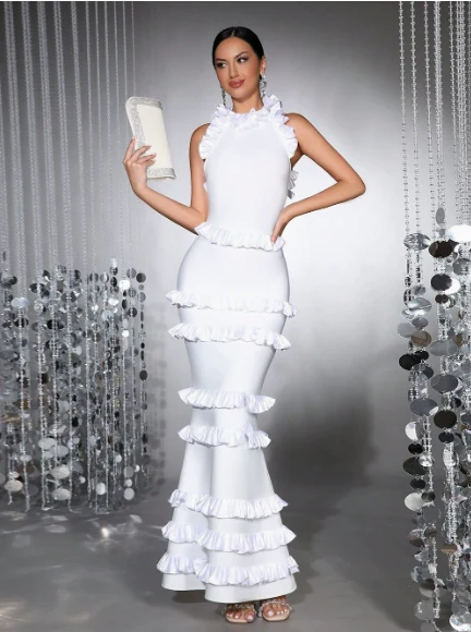 White Layered Ruffled Bandage Dress