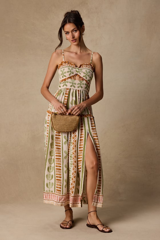 Fiora Cream Multi Boho Print Ruffled Midi Dress