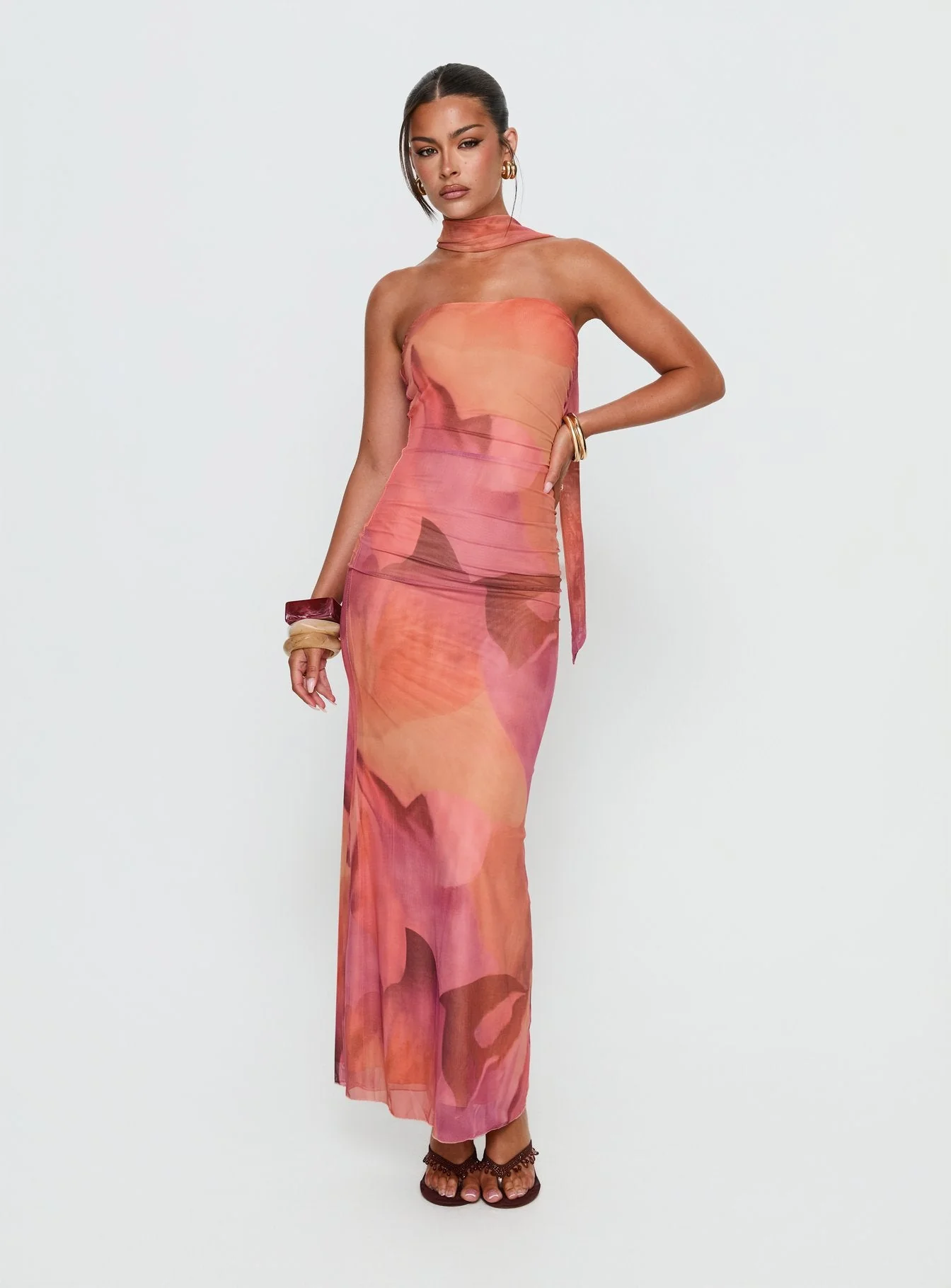 Davynn Scarf Detail Strapless Maxi Dress Pink Multi