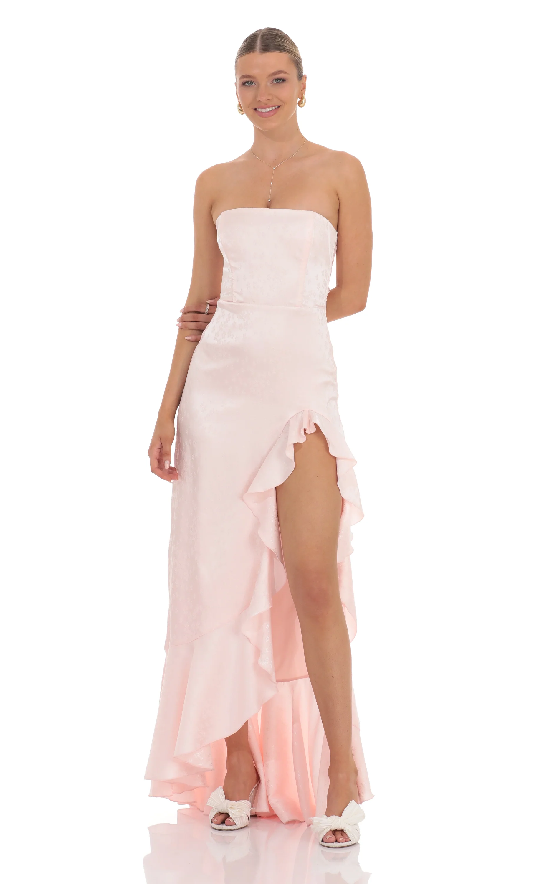 Satin Jacquard Back Bow Corset Maxi Dress in Pink