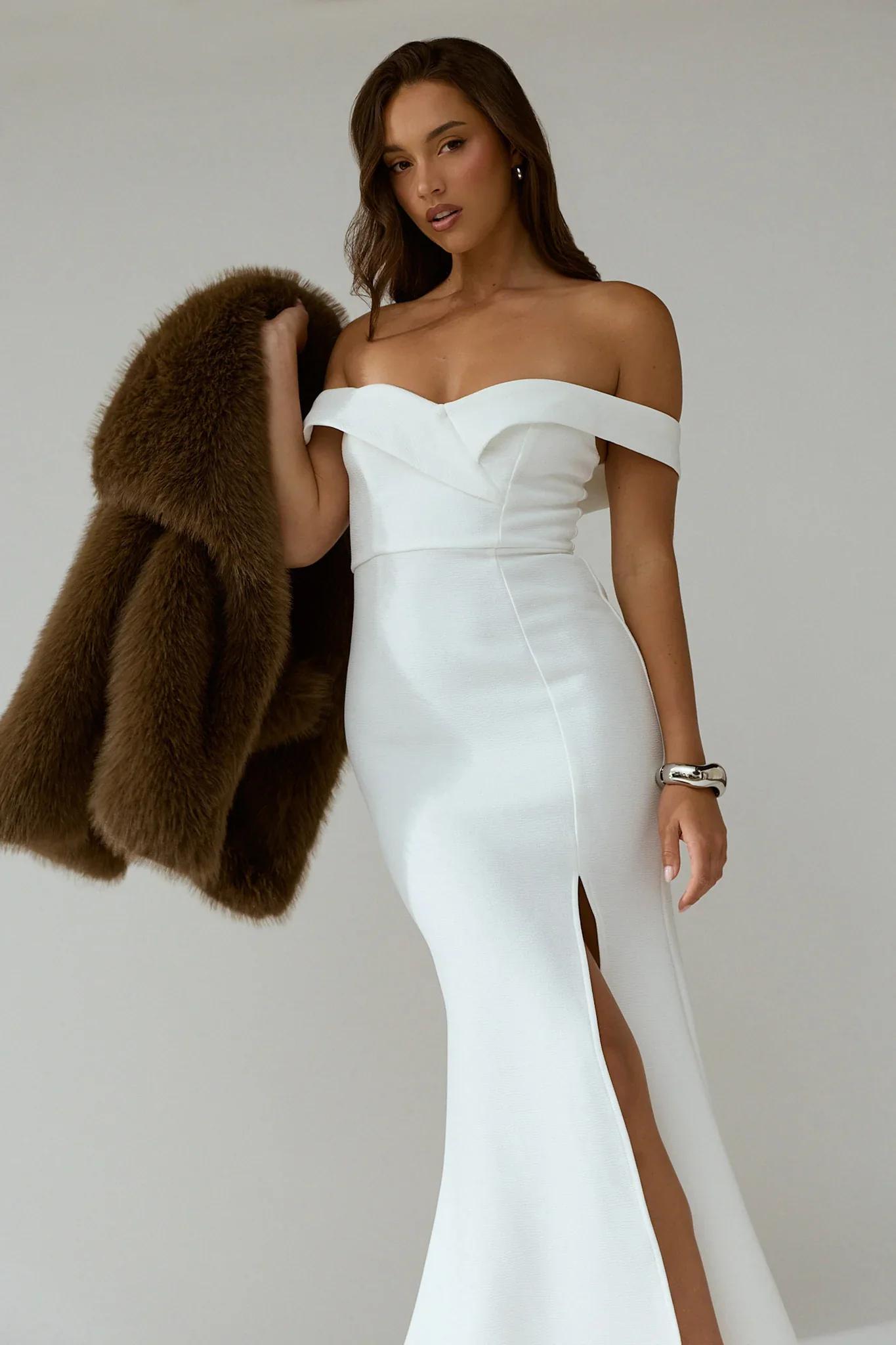 Rider Off-Shoulder Front Split Maxi Dress White