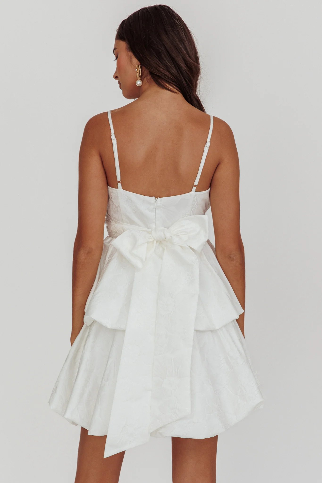 Zilara Bubble Hem Bow Mini Dress Jacquard White