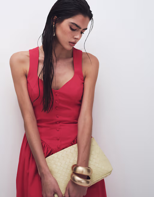 Kaiia exclusive cotton poplin sweetheart neckline button detail dropped v waist midi dress in red