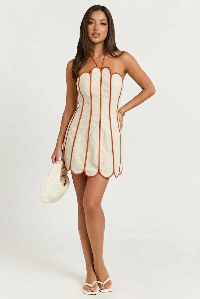 Lenny Scalloped Linen Halter Mini Dress