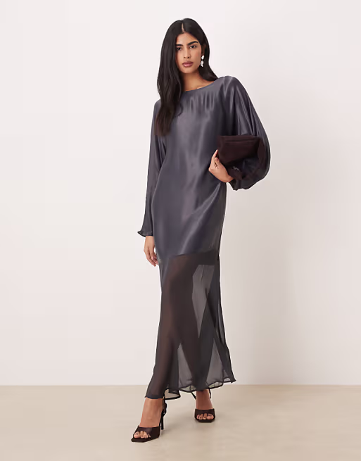 slash neck satin maxi dress with batwing sleeves and chiffon skirt in gray