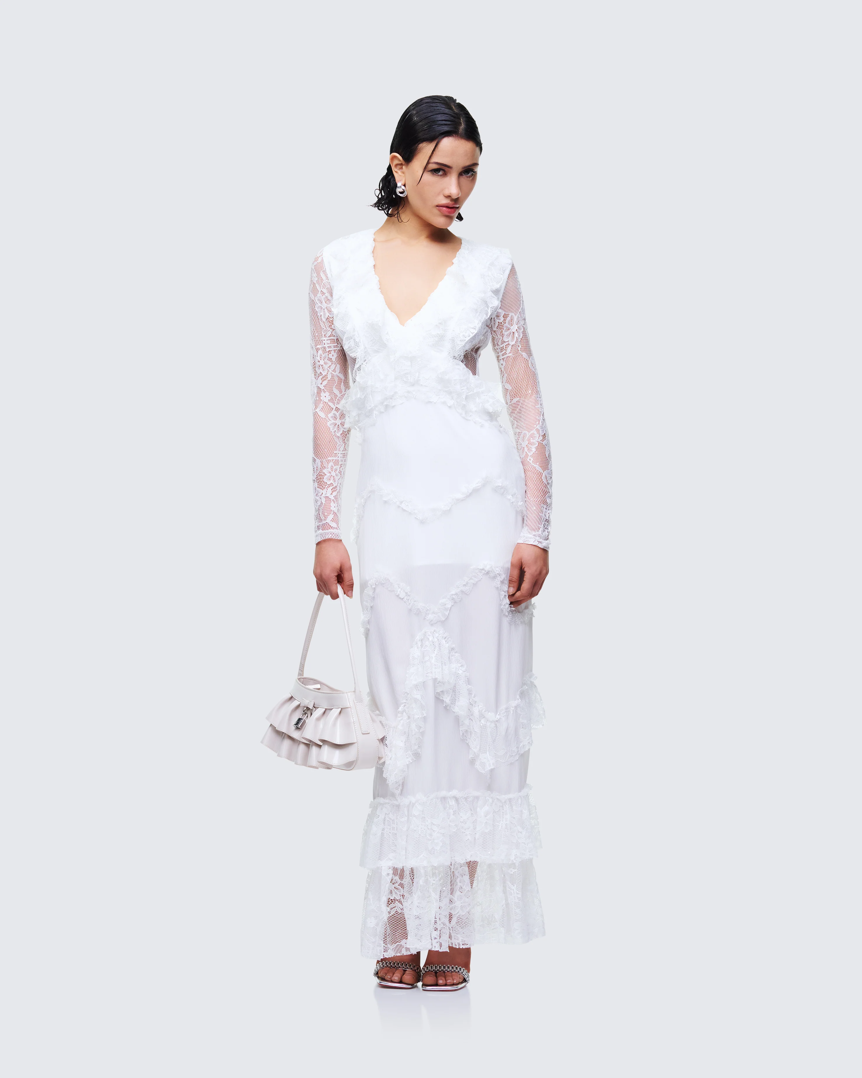 Lulea White Lace Ruffle Trim Mini Dress
