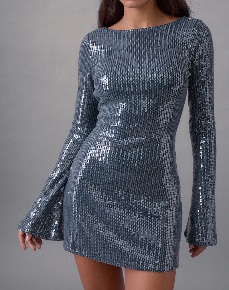 Kimberly Mini Dress in Sequin Dark Teal