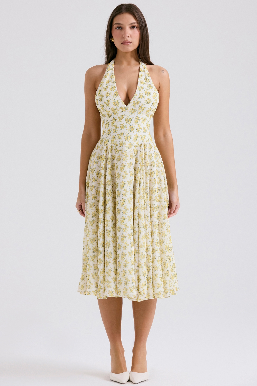 ivory vintage floral print georgette halter sundress