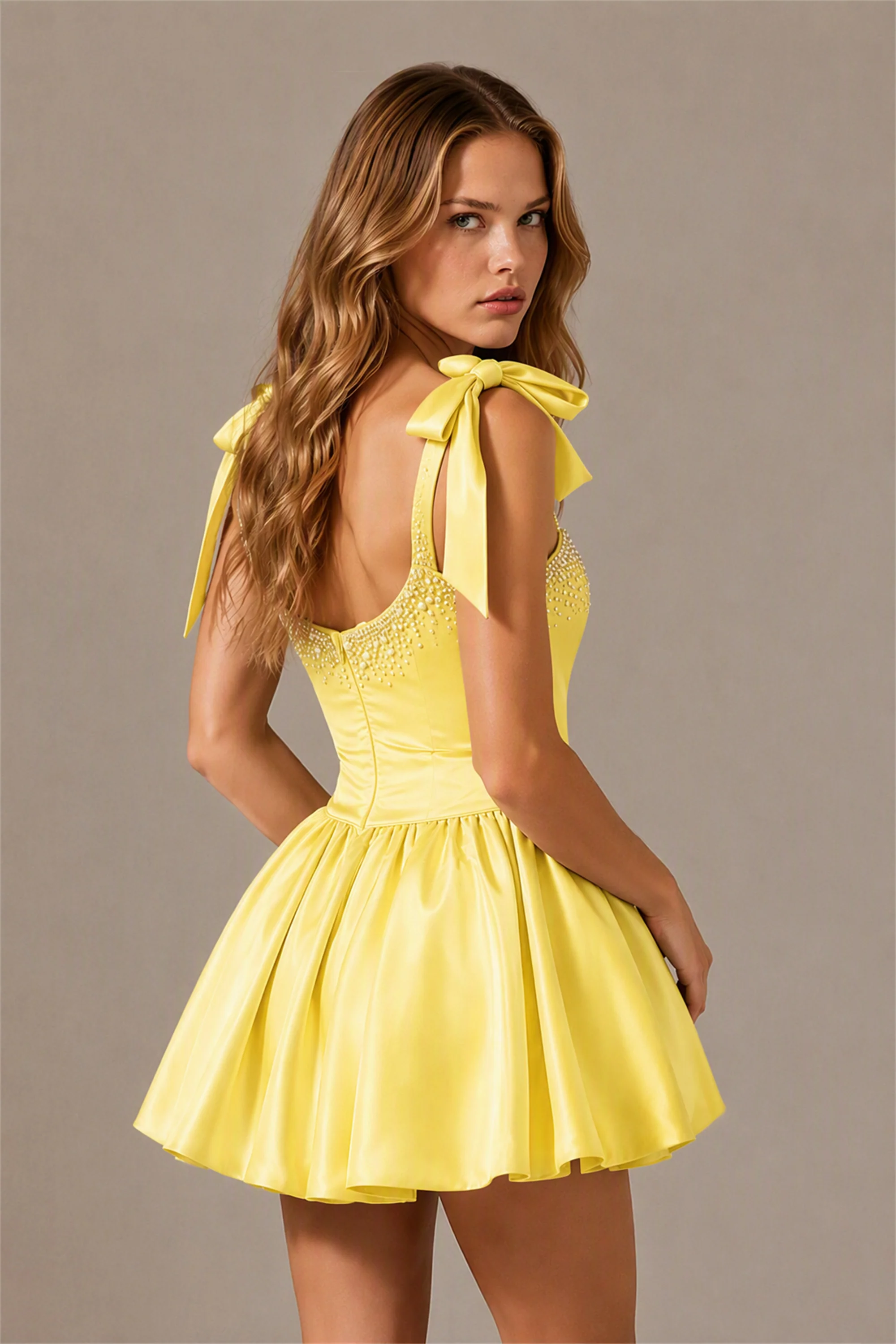 BOLODOO Yellow Satin Pearl Embellished Sweetheart Bow Strap Bubble Hem Mini Dress | Cocktail Prom Homecoming Dress