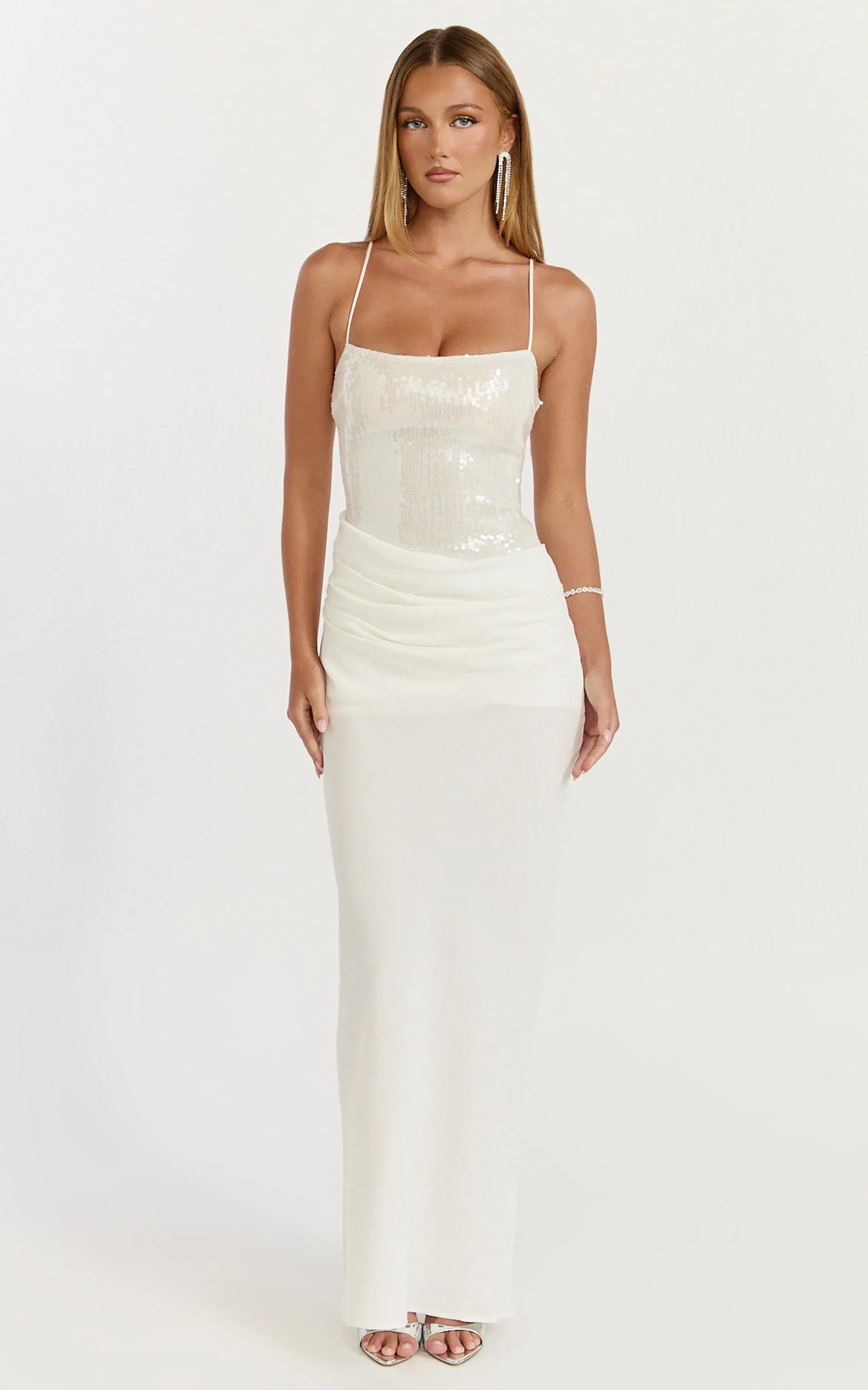Jasmin Maxi Dress - Sequin Overlay Dress in White