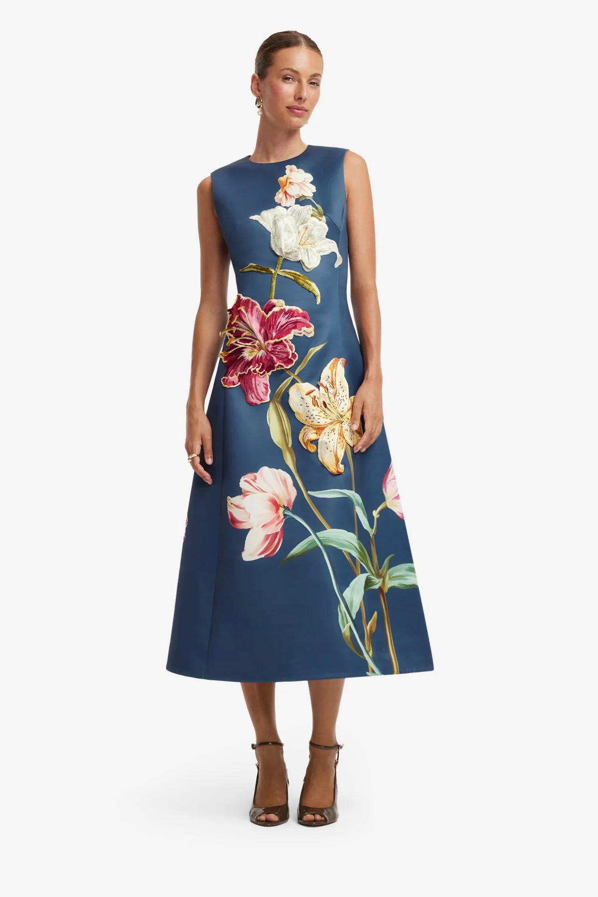 Cleo Embroidered Sleeveless Midi Dress - Lily Print in Indigo
