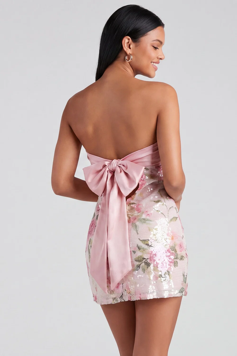Light Pink Bodycon Strapless Mini Homecoming Dress with Sequins - FASHION NOB
