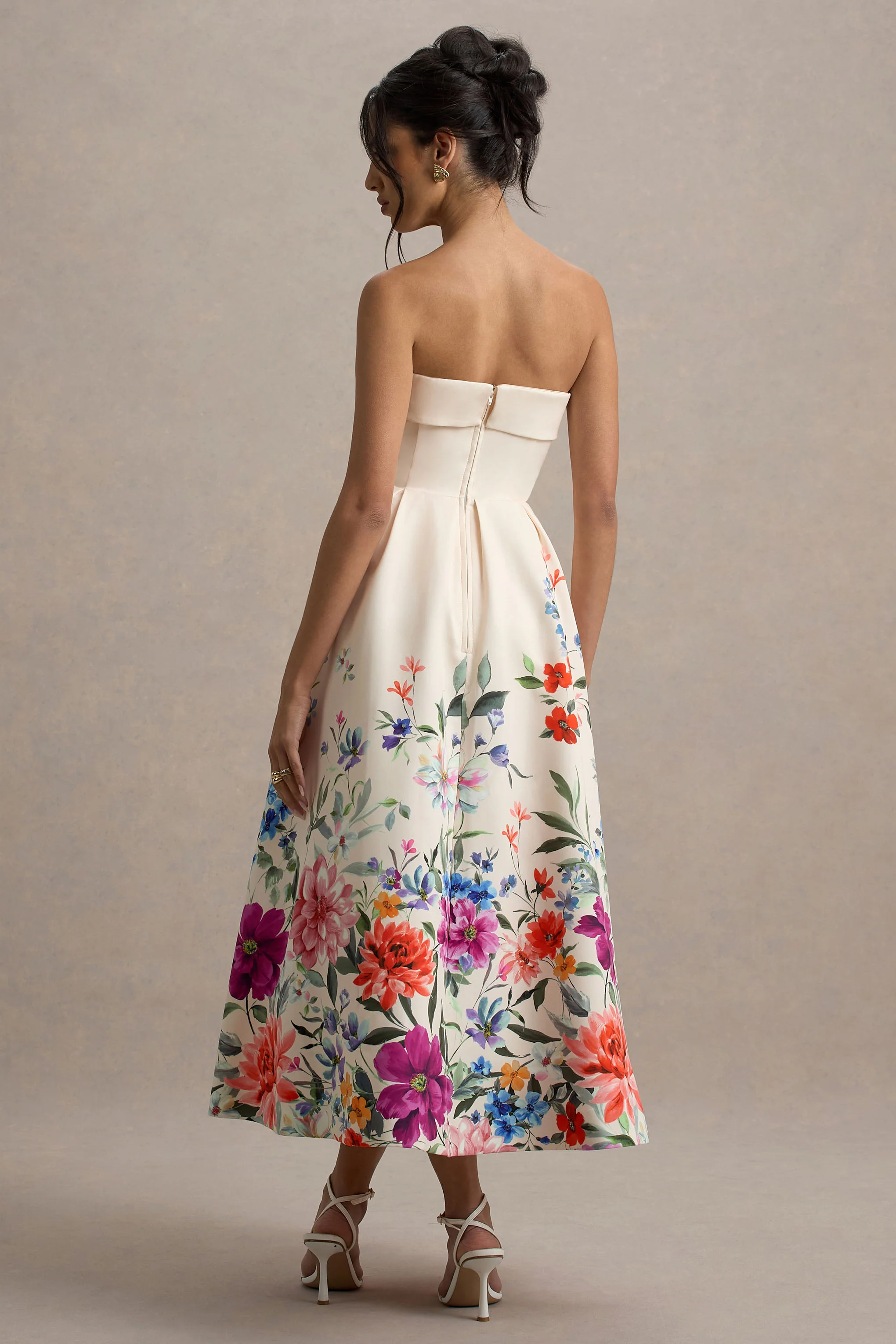 Annalise | Light Pink Floral Print Bandeau Skater Midi Dress