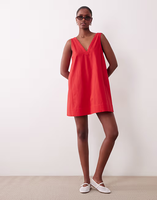cotton-linen blend v-neck smock mini dress in poppy red
