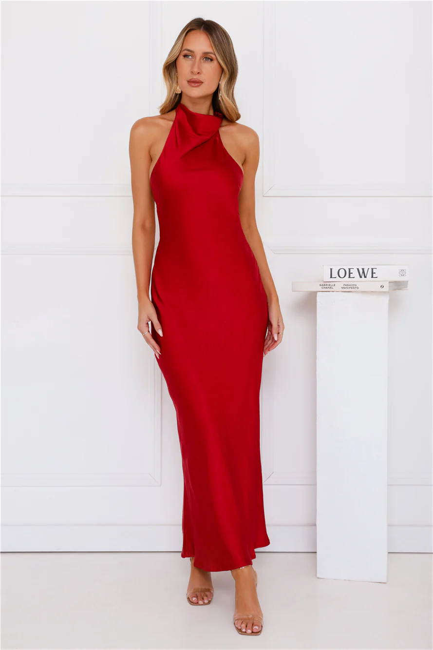 Enchanted Daybreak Halter Satin Maxi Dress Red