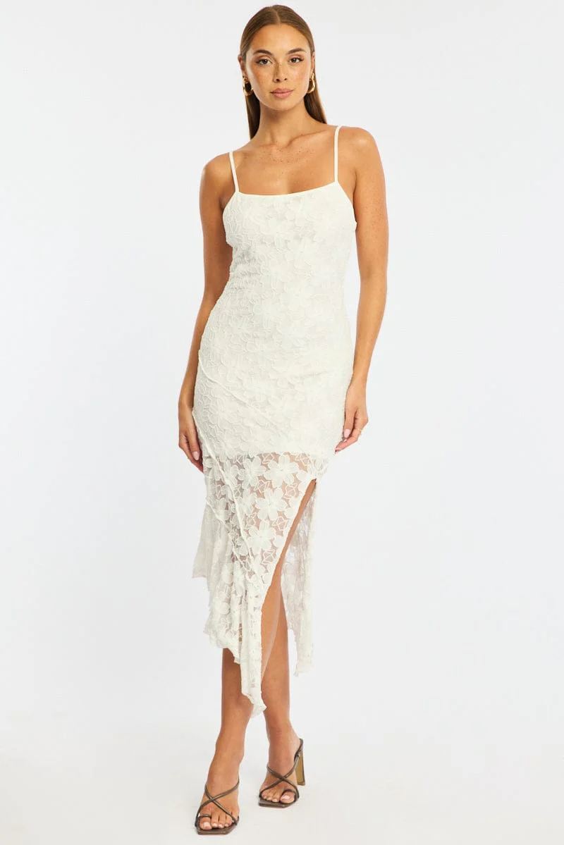 White Midi Dress Asymmetric Hem Lace