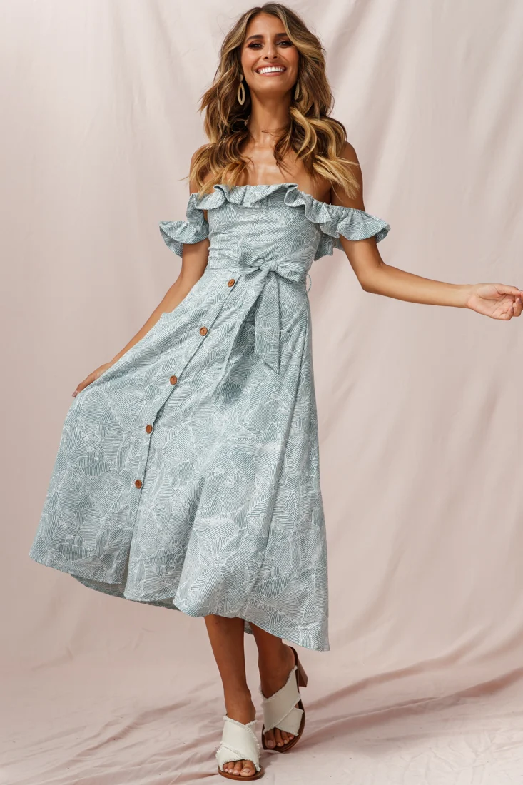 Matisse Off-Shoulder Placket Dress Sage Pattern
