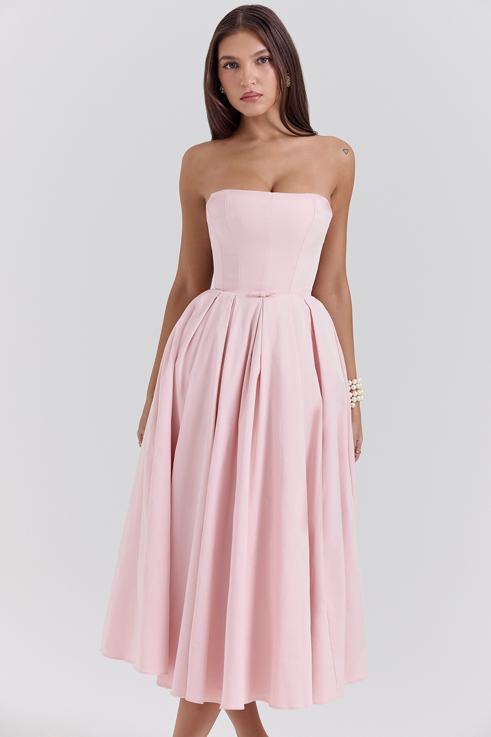 parisian pink strapless corset midi dress