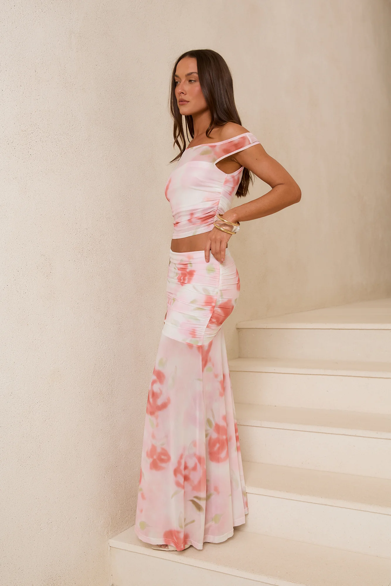Rosebush Reverie Mesh Maxi Skirt Pink Print
